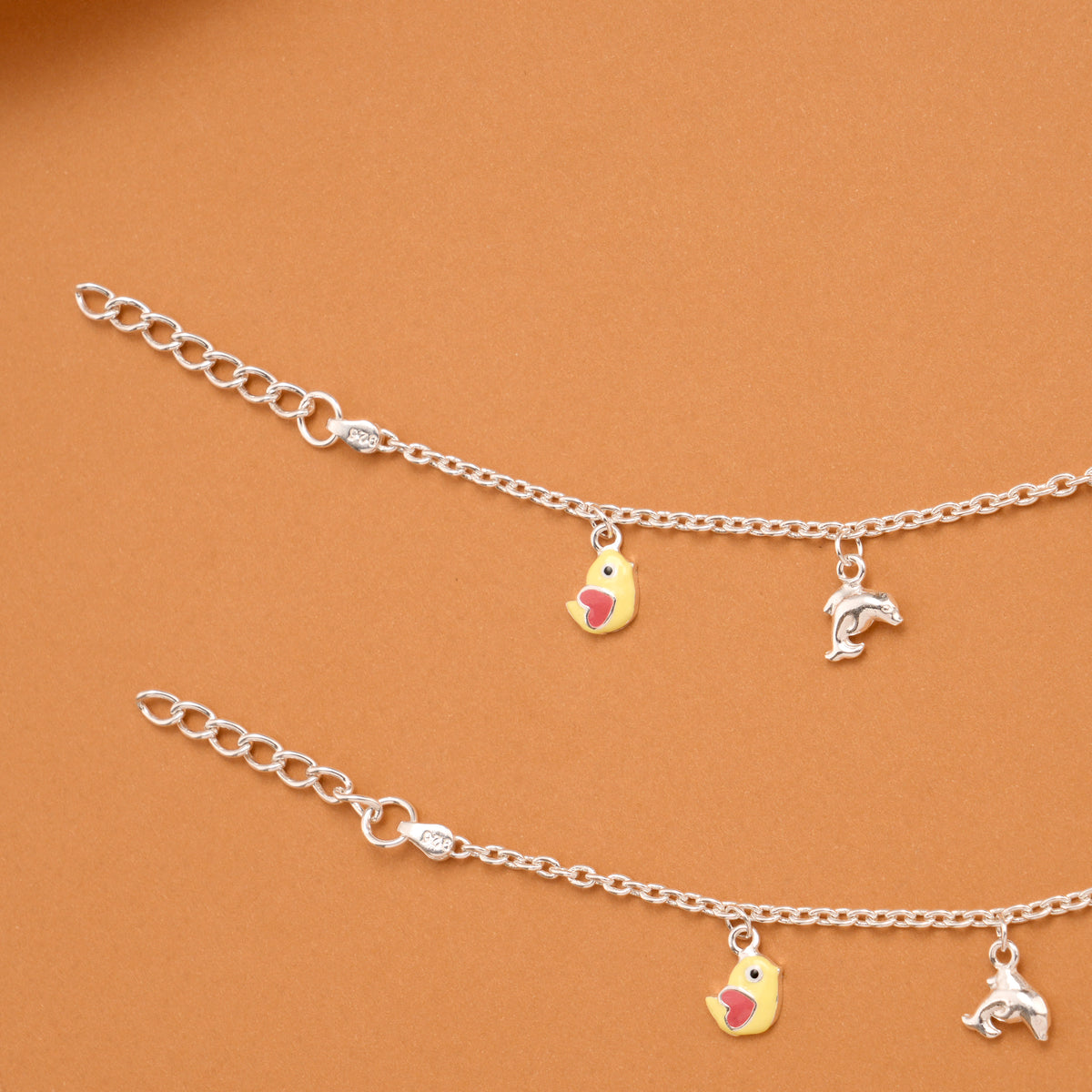 Colorful Birds Silver Baby Anklets