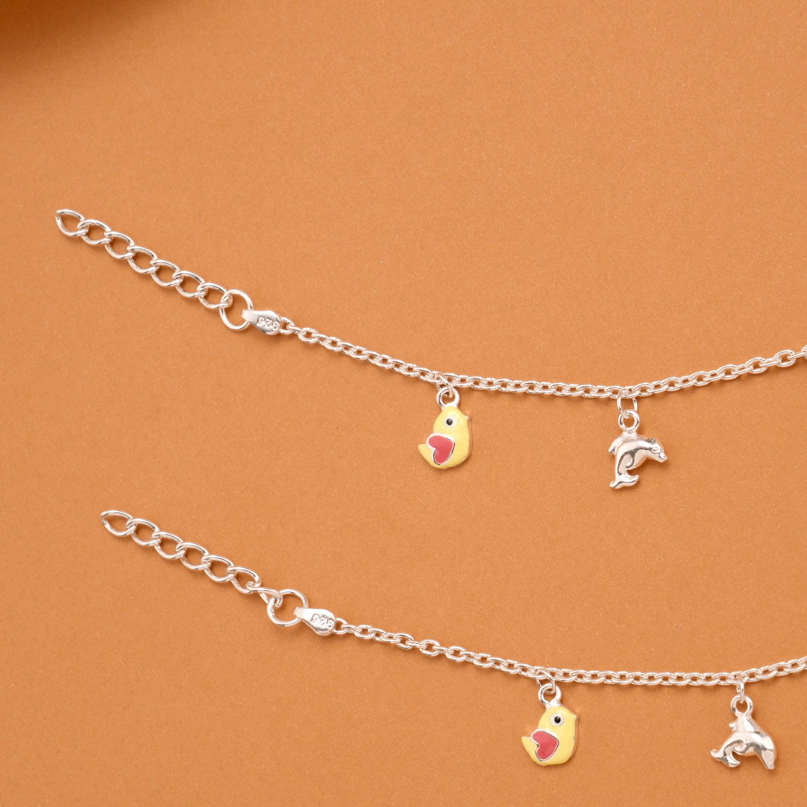 Colorful Birds Silver Baby Anklets