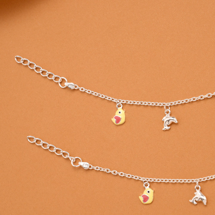 Colorful Birds Silver Baby Anklets
