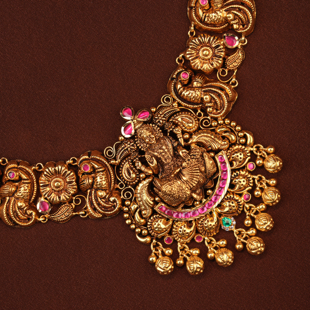 Antique Ruby Lakshmi with Emerald Gold Haram