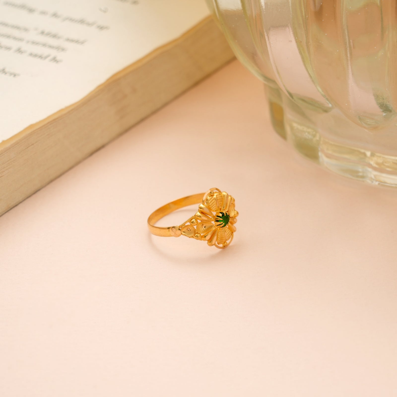 Blossom Floral Design Green Stone Gold Ring
