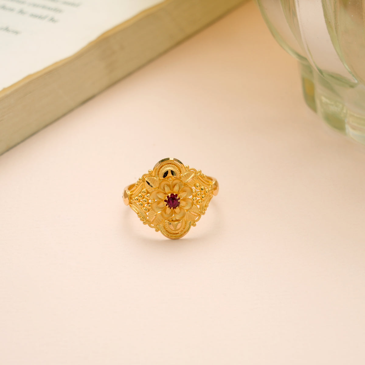 Grand Floral Ruby Stone Gold Ring