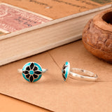 Black & Turquoise Enamel Floral Silver Toe Ring