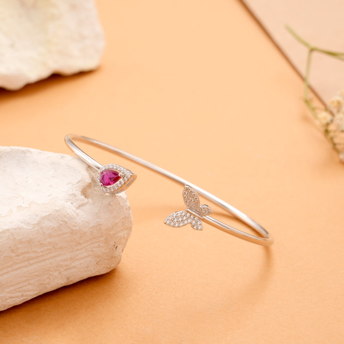 Butterfly Ruby Tear Drop Silver Kada