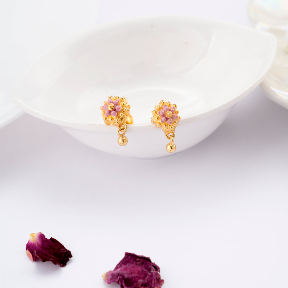 Gold Plated Pink Enamel Floral Earring