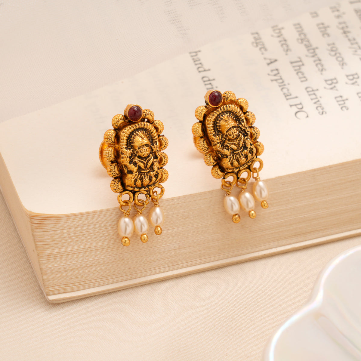 Golden Lakshmi Ruby with Pearl Drop Temple Stud