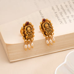 Golden Lakshmi Ruby with Pearl Drop Temple Stud