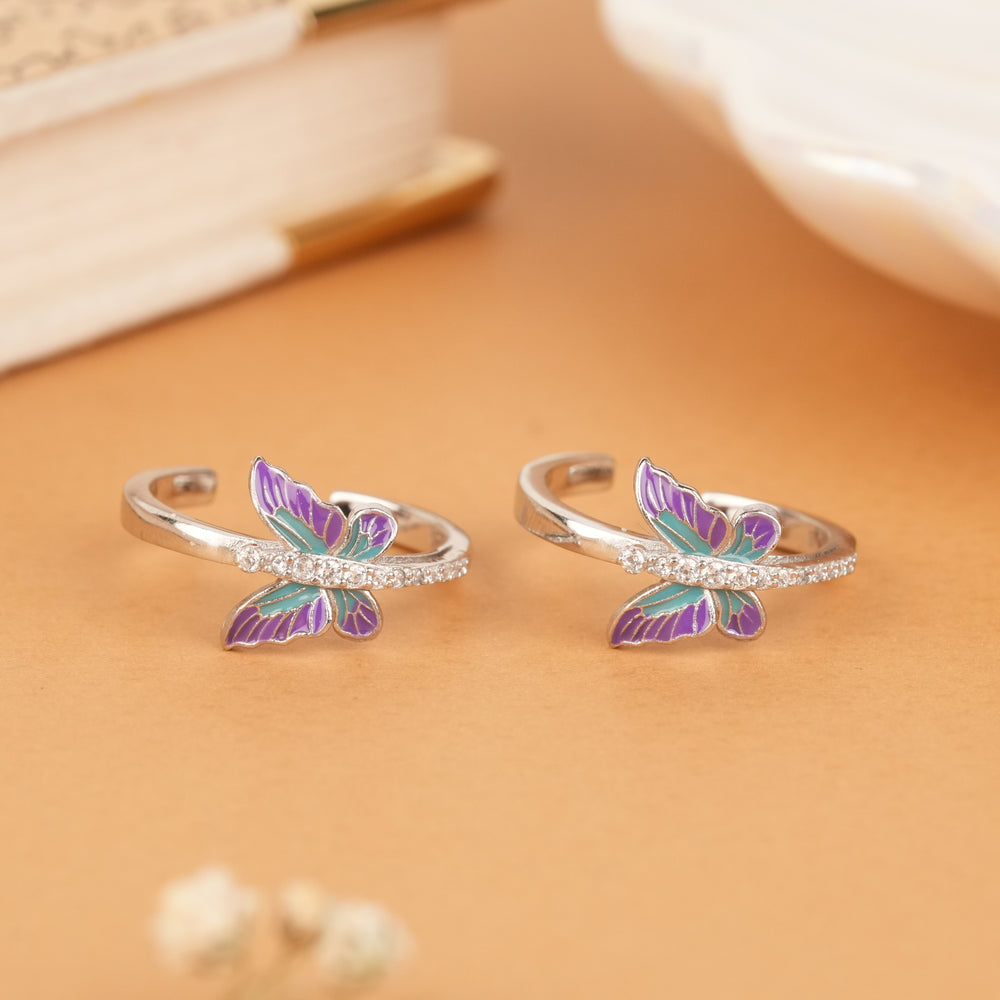 Cute Purple & Teal Butterfly Silver Stone Toe Ring