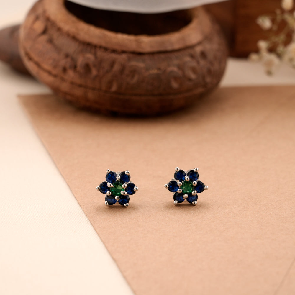 Emerald Green Floral Silver Stud