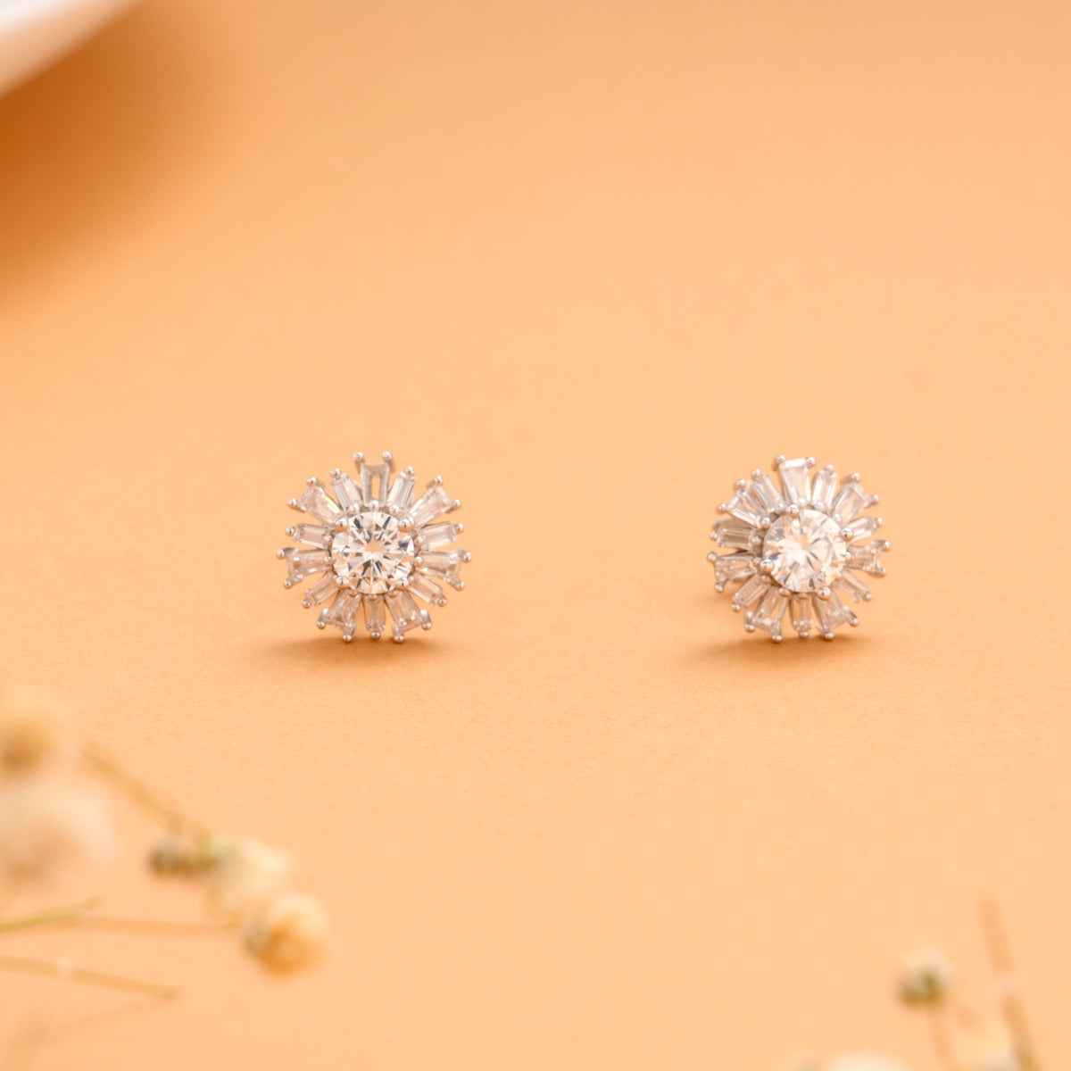 Sun Burst with White Stone Silver Stud