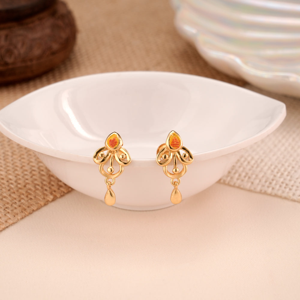 Dangling Tear Drop Floral Design Golden Stud