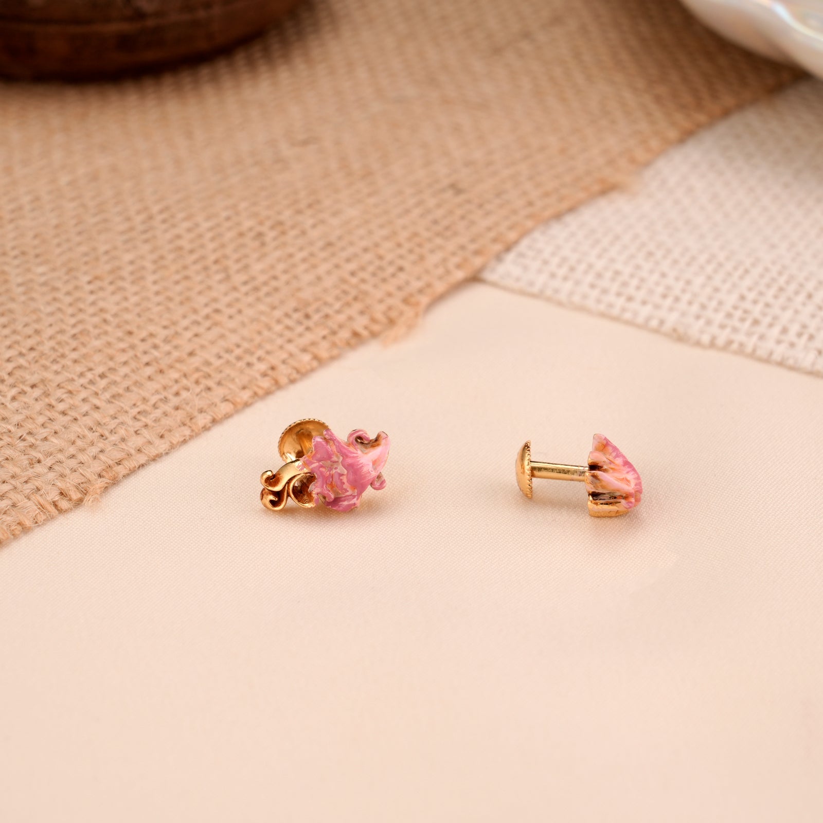 Pink Enamel Petal Design Gold Plated Stud