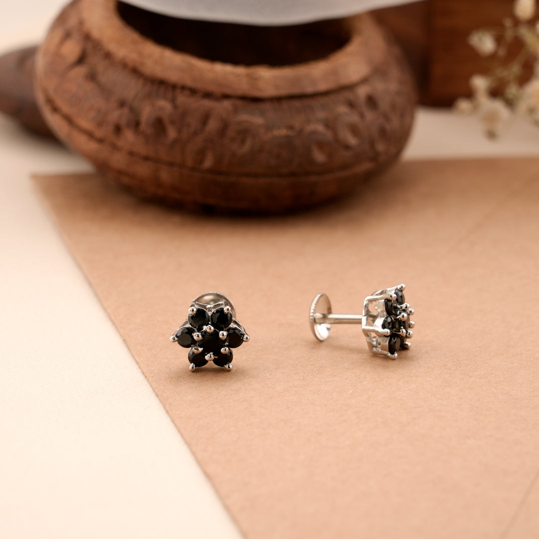 Midnight Black Floral Silver Stud