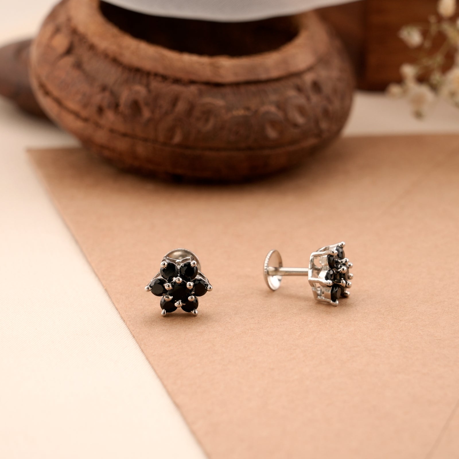 Midnight Black Floral Silver Stud