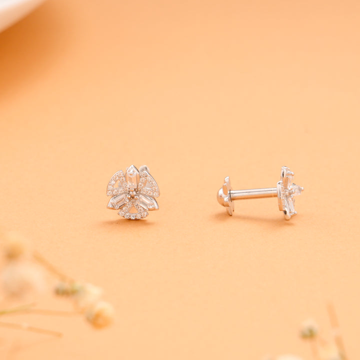 Marquise Leaf with White Stone Silver Stud