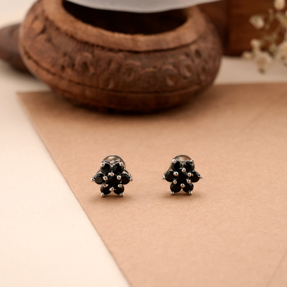 Midnight Black Floral Silver Stud