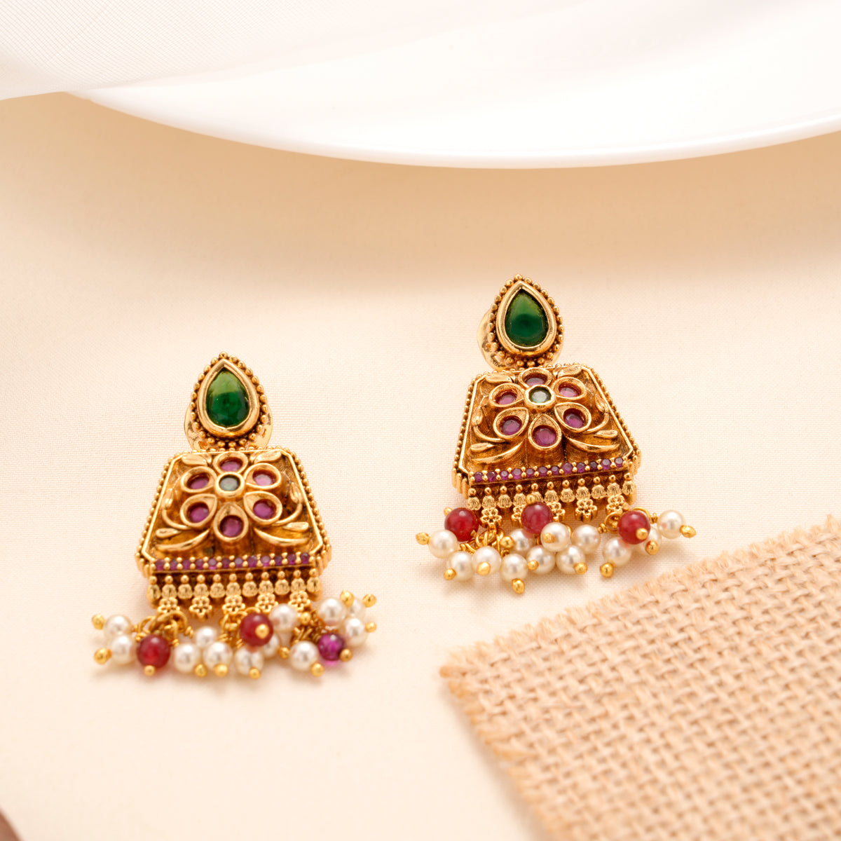Antique Golden Temple Emerald Ruby Earrings