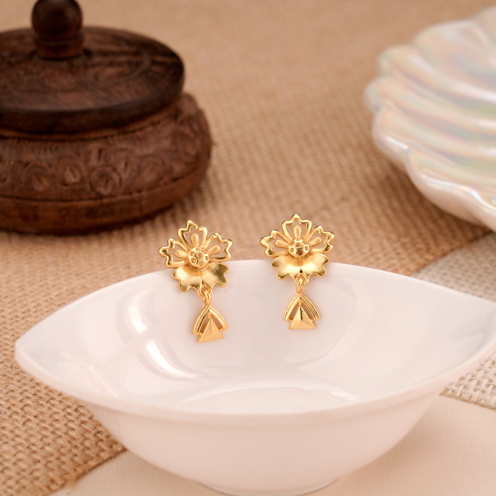 Floral Design with Triangle Drop Golden Stud
