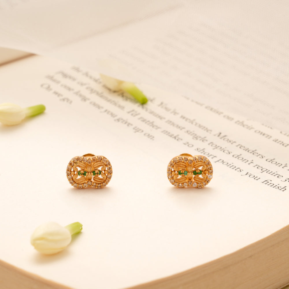Intricate Curved Floral Design Golden Stud