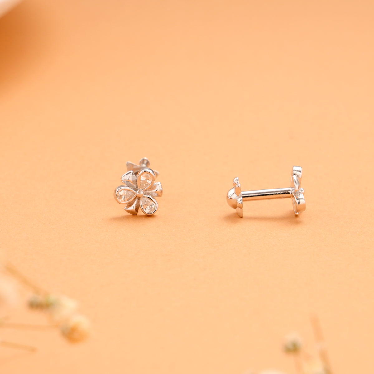 Cute Tear Drop with Flower Stone Silver Stud