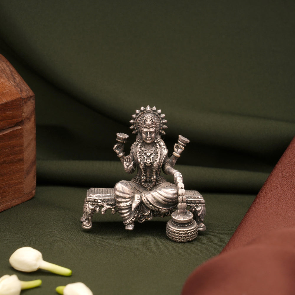 Oxidized Silver Lakshmi Murti With Money Pot Idol
