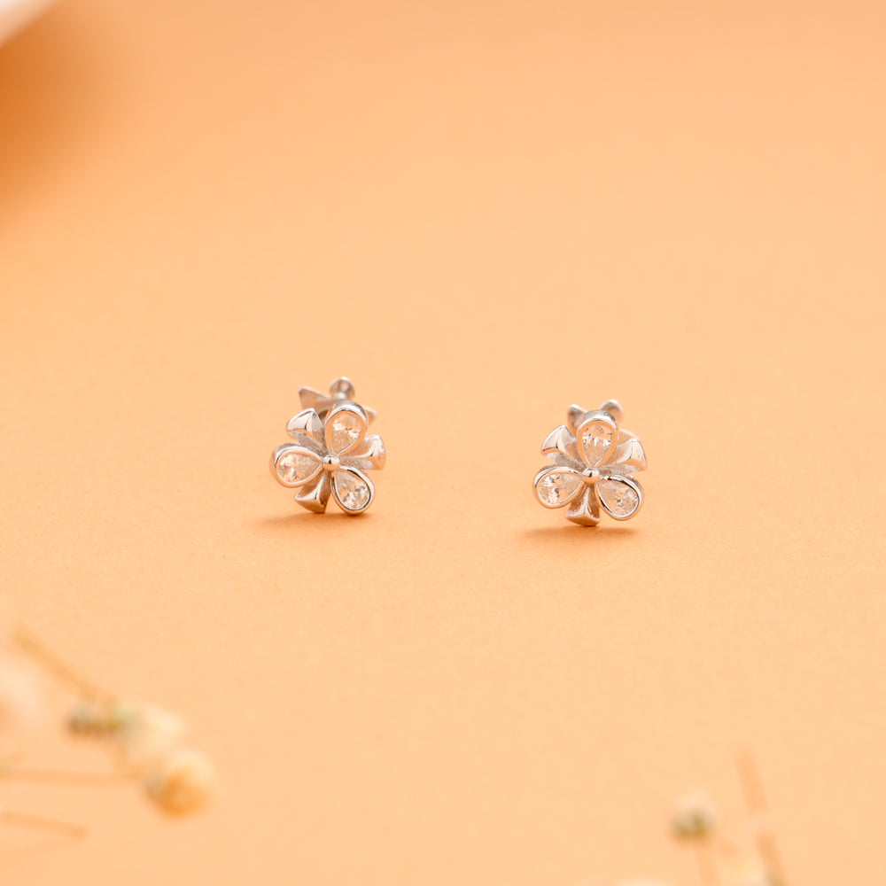 Cute Tear Drop with Flower Stone Silver Stud