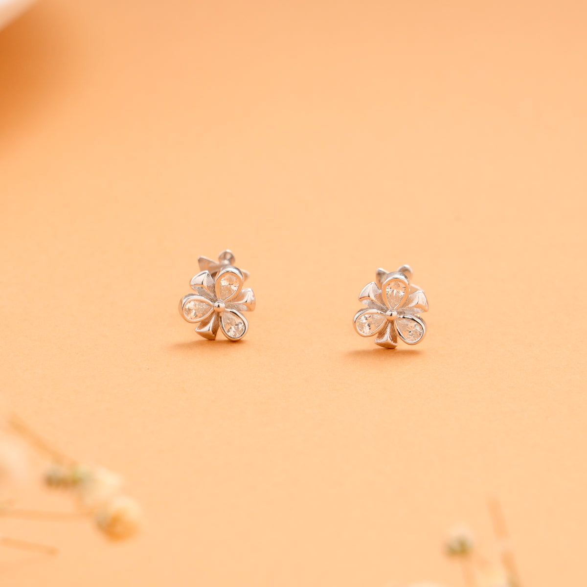 Cute Tear Drop with Flower Stone Silver Stud