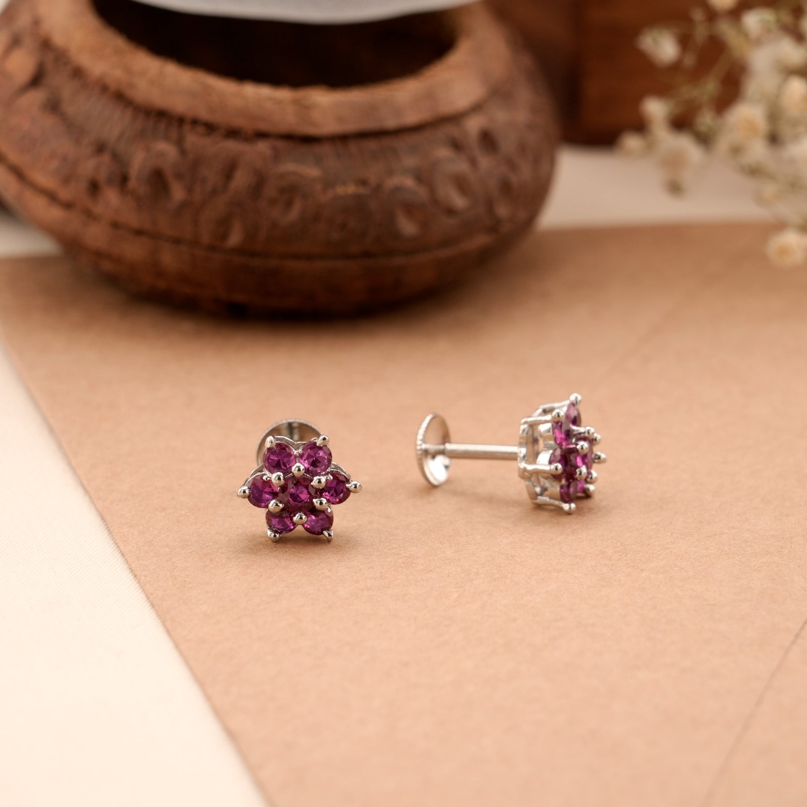 Blush Pink Floral Silver Stud