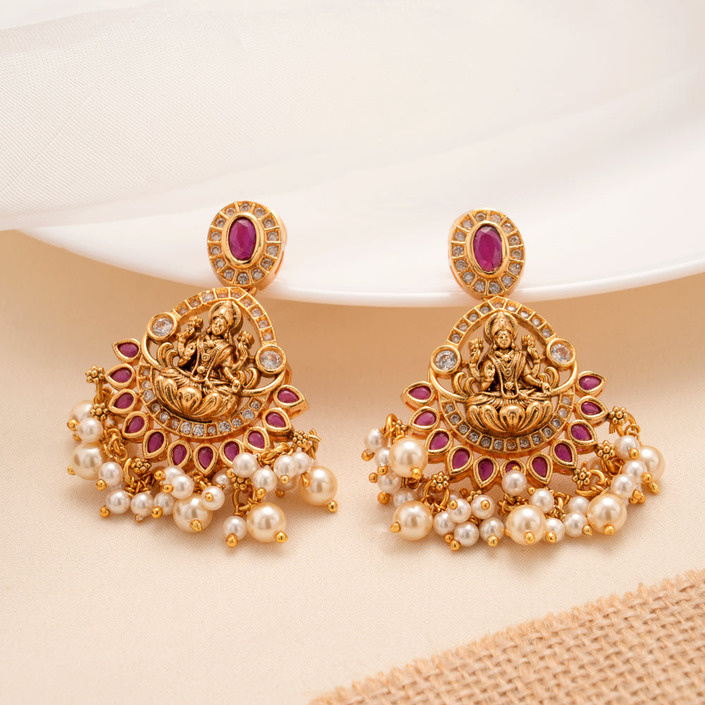 Antique Golden Lakshmi Temple Pearl Earrings