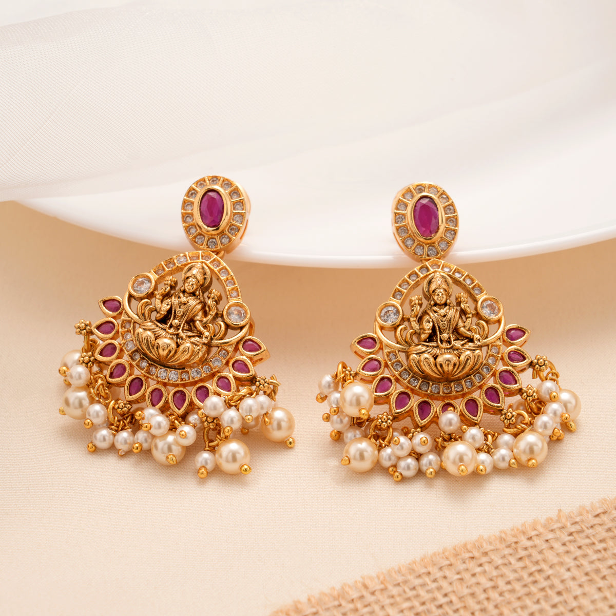 Antique Golden Lakshmi Temple Pearl Earrings