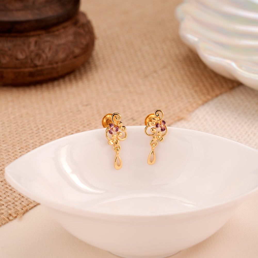 Gold Plated Floral Drop Stud Earrings