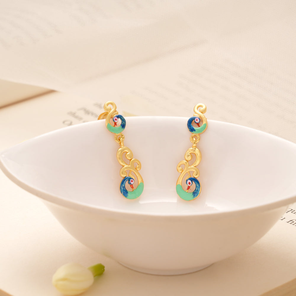 Blue and Green Enamel Peacock Golden Earring