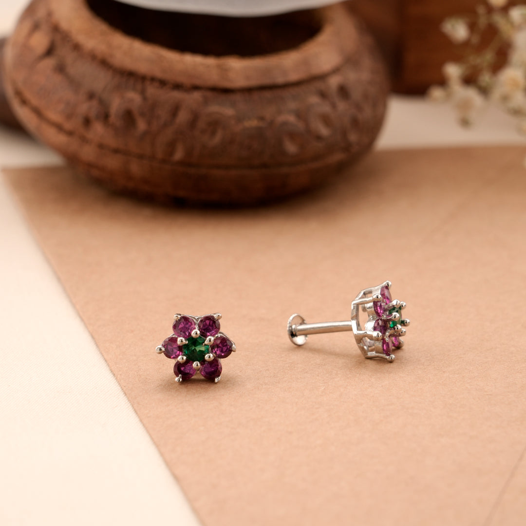 Pink and Green Floral Silver Stud