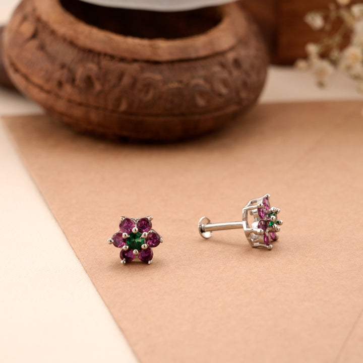 Pink and Green Floral Silver Stud