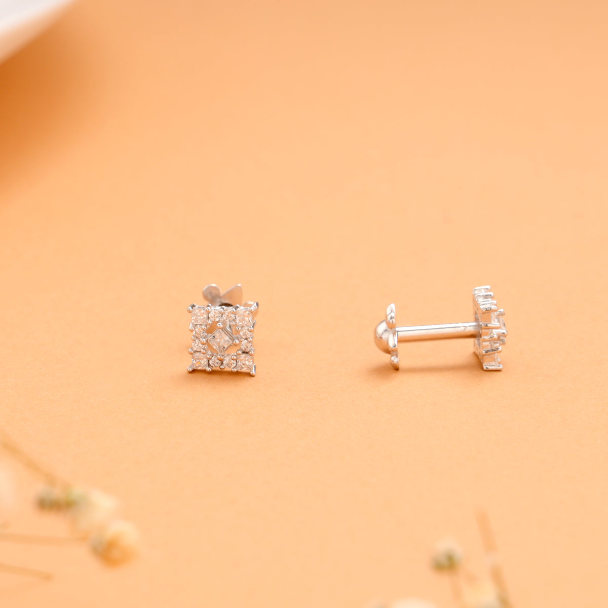 Square Shape with White Stone Silver Stud
