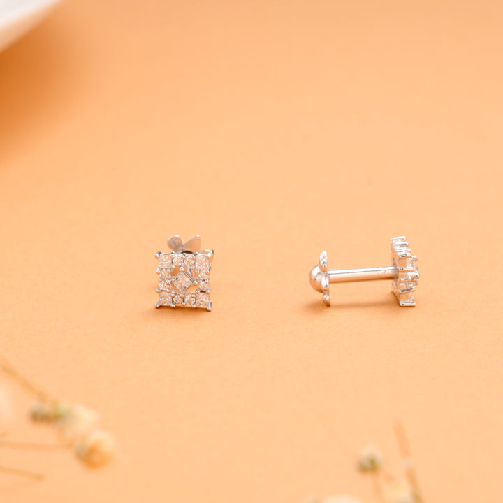 Square Shape with White Stone Silver Stud
