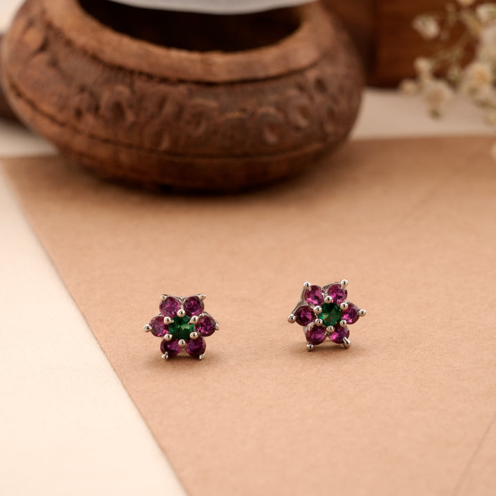 Pink and Green Floral Silver Stud