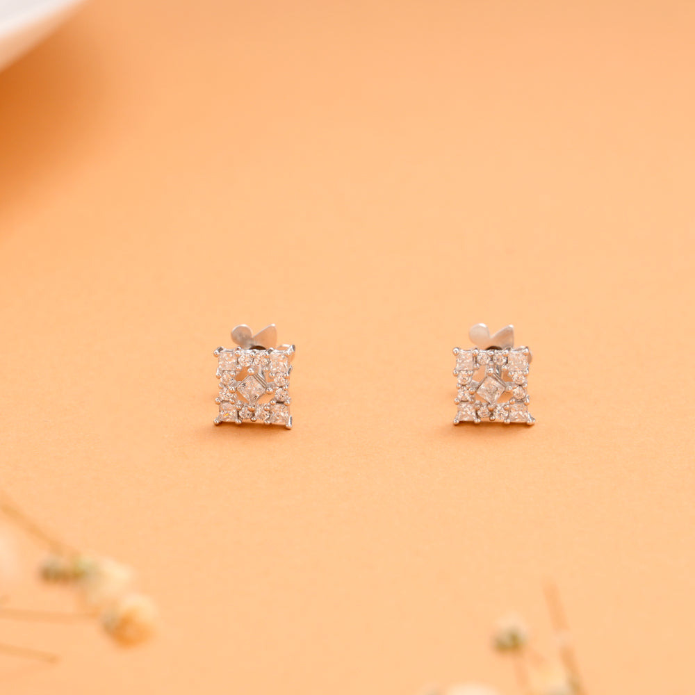 Square Shape with White Stone Silver Stud