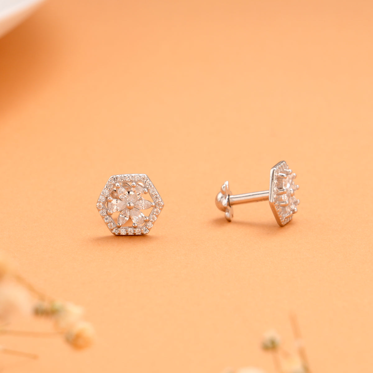 Hexagon Flower with White Stone Silver Stud