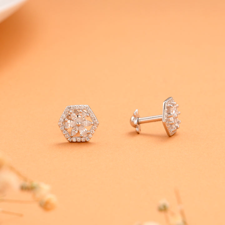 Hexagon Flower with White Stone Silver Stud