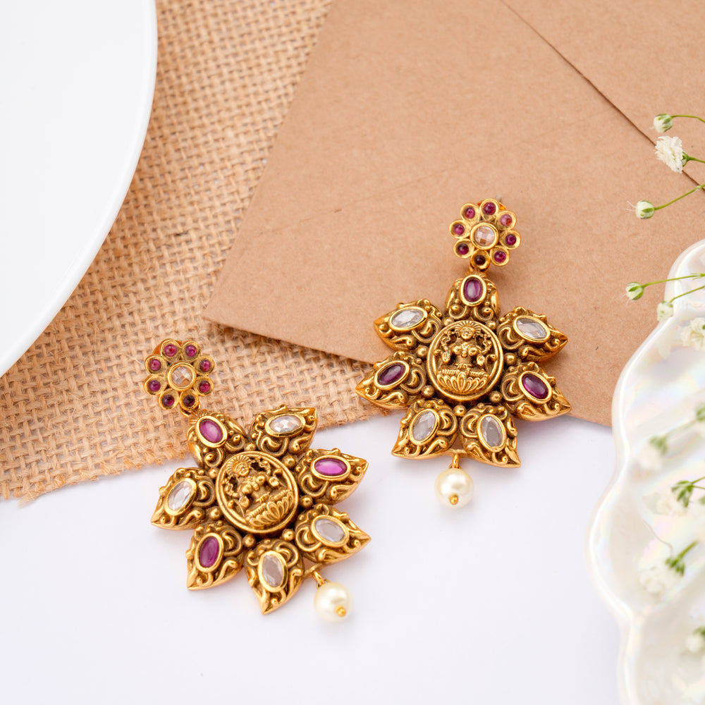 Temple Inspired Lakshmi Golden Earring