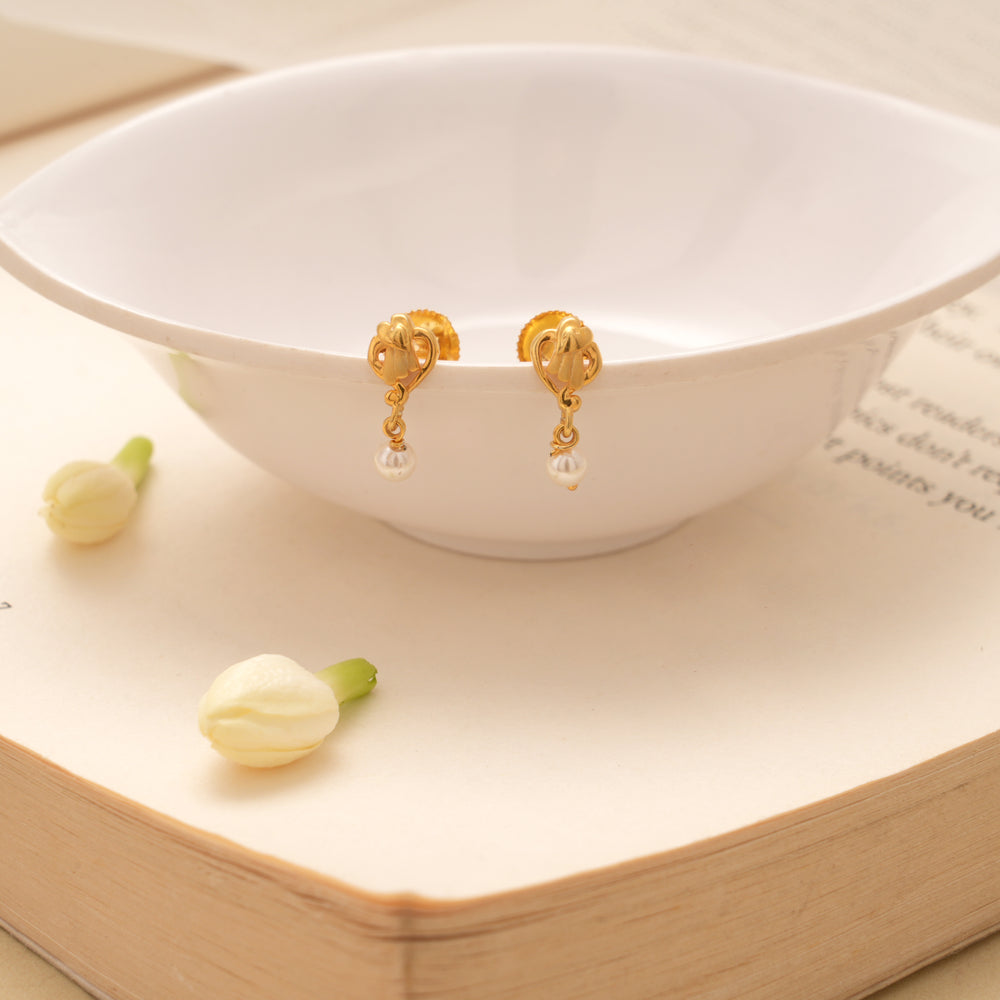 Delicate Leaf Design Tiny Pearl Drops Golden Earring