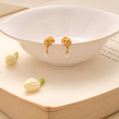 Delicate Leaf Design Tiny Pearl Drops Golden Earring