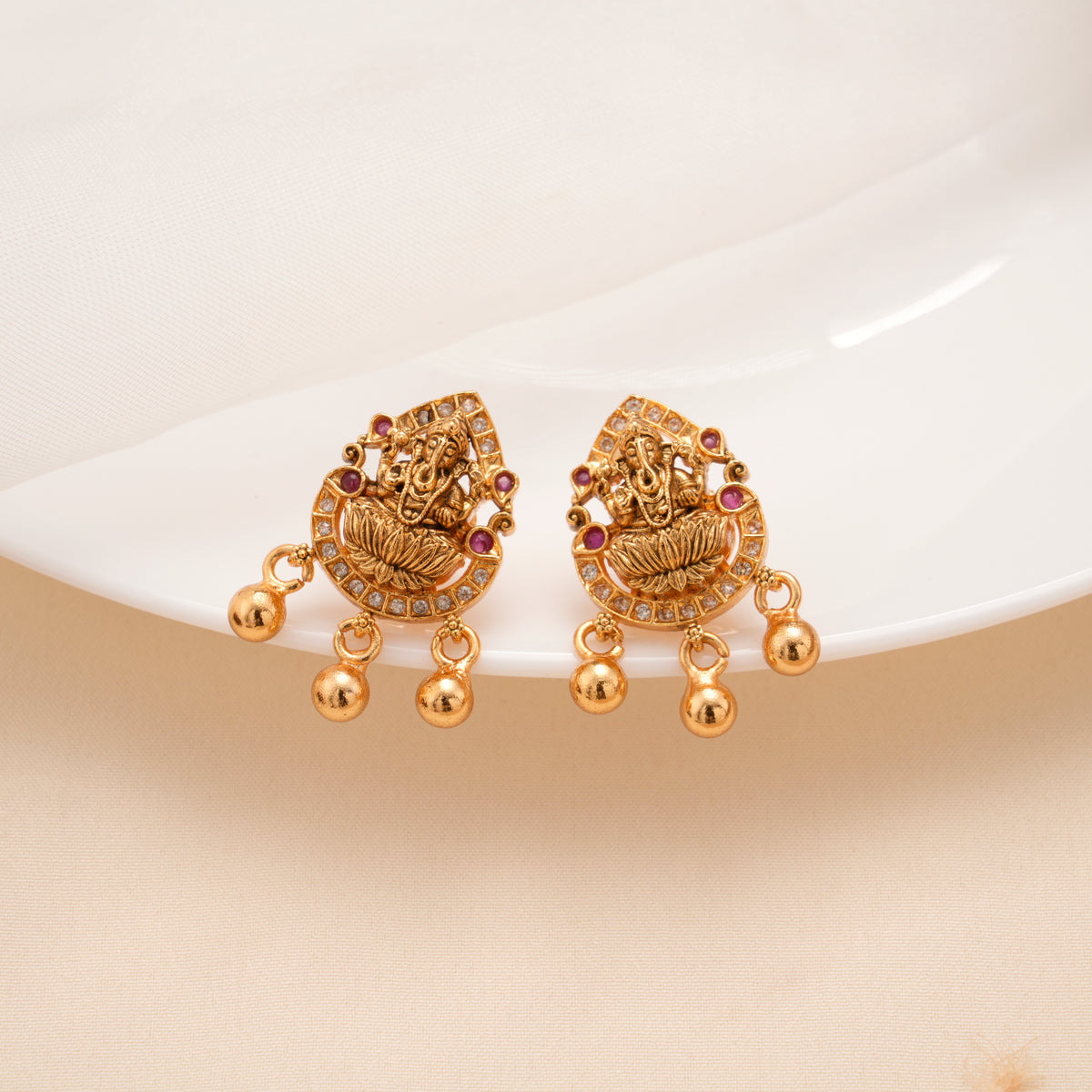 Divine Ganesha Temple with Golden Dangles Earrings