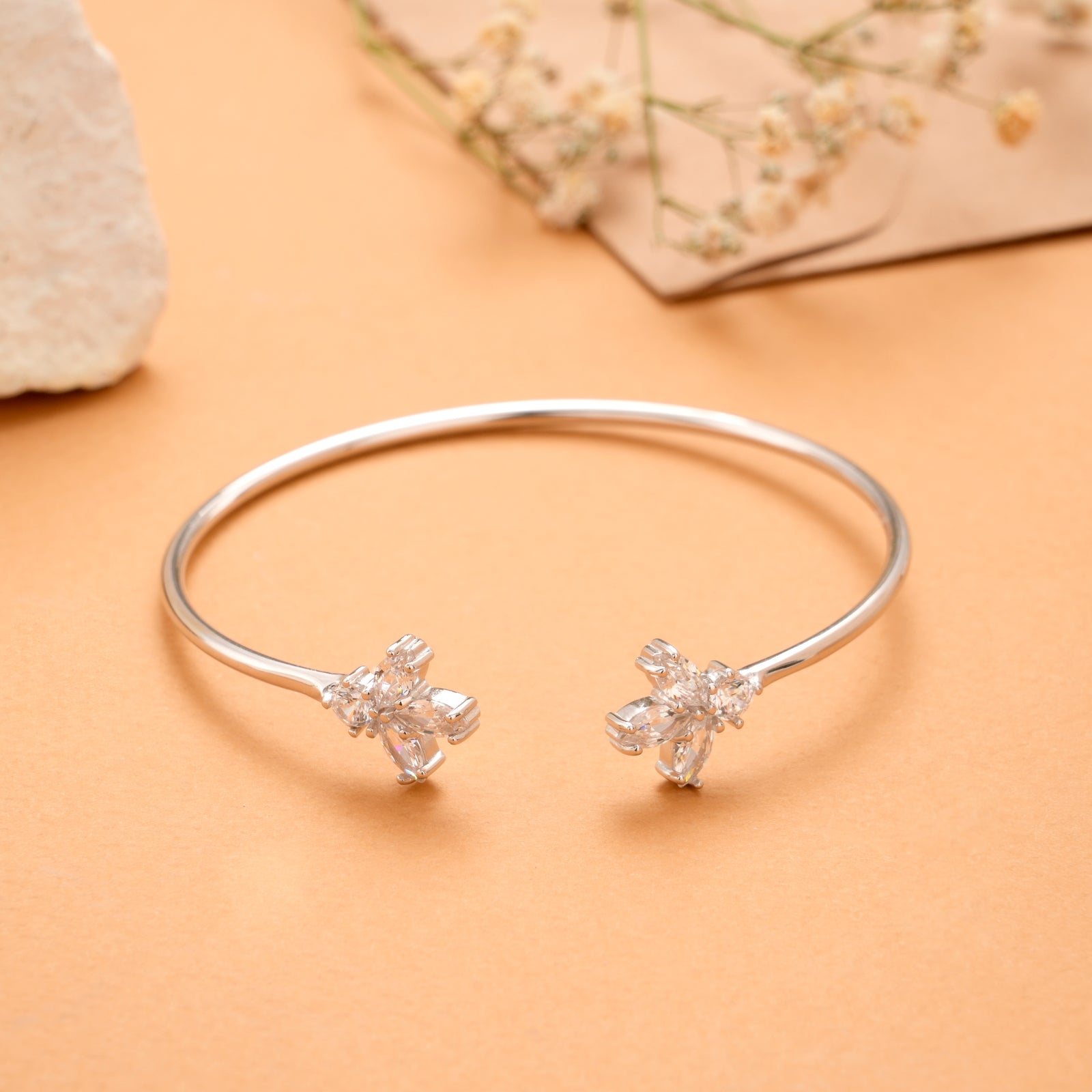 Twin Floral Leaf Silver Kada
