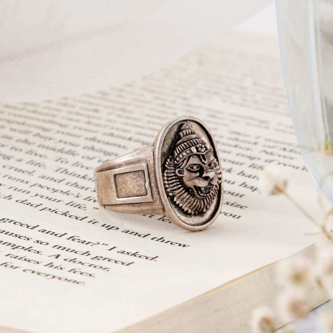Black Enamel Narasimha Silver Ring
