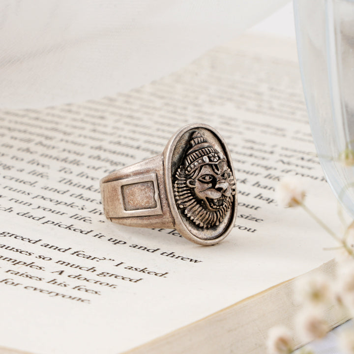 Black Enamel Narasimha Silver Ring