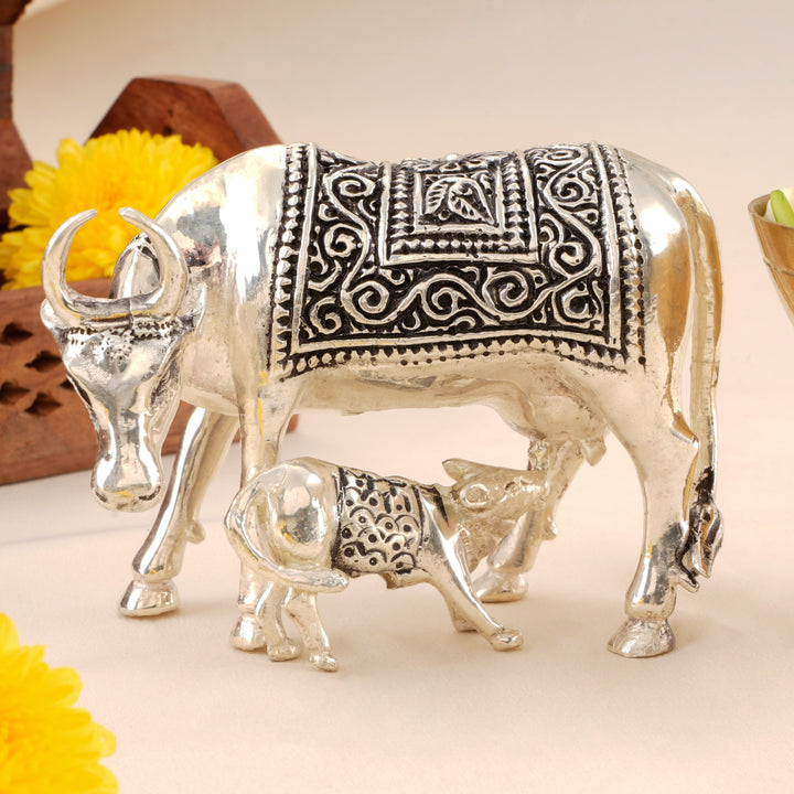 Silver Antique Cow and Calf Statue