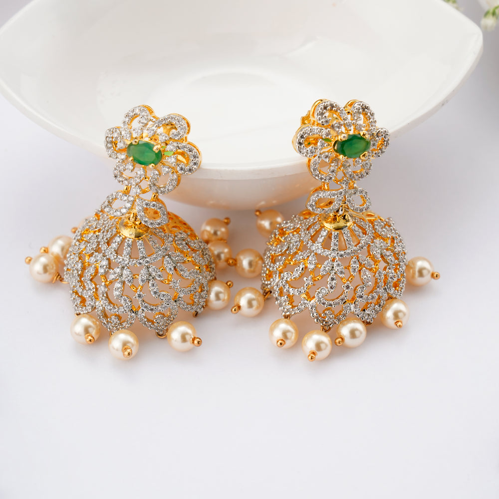 Floral Emerald Pearl Drops Swarovski Jhumkas