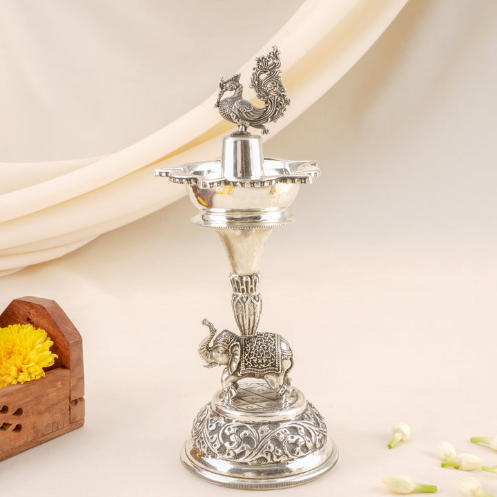 Antique Silver with Peacock-Elephant Vilakku